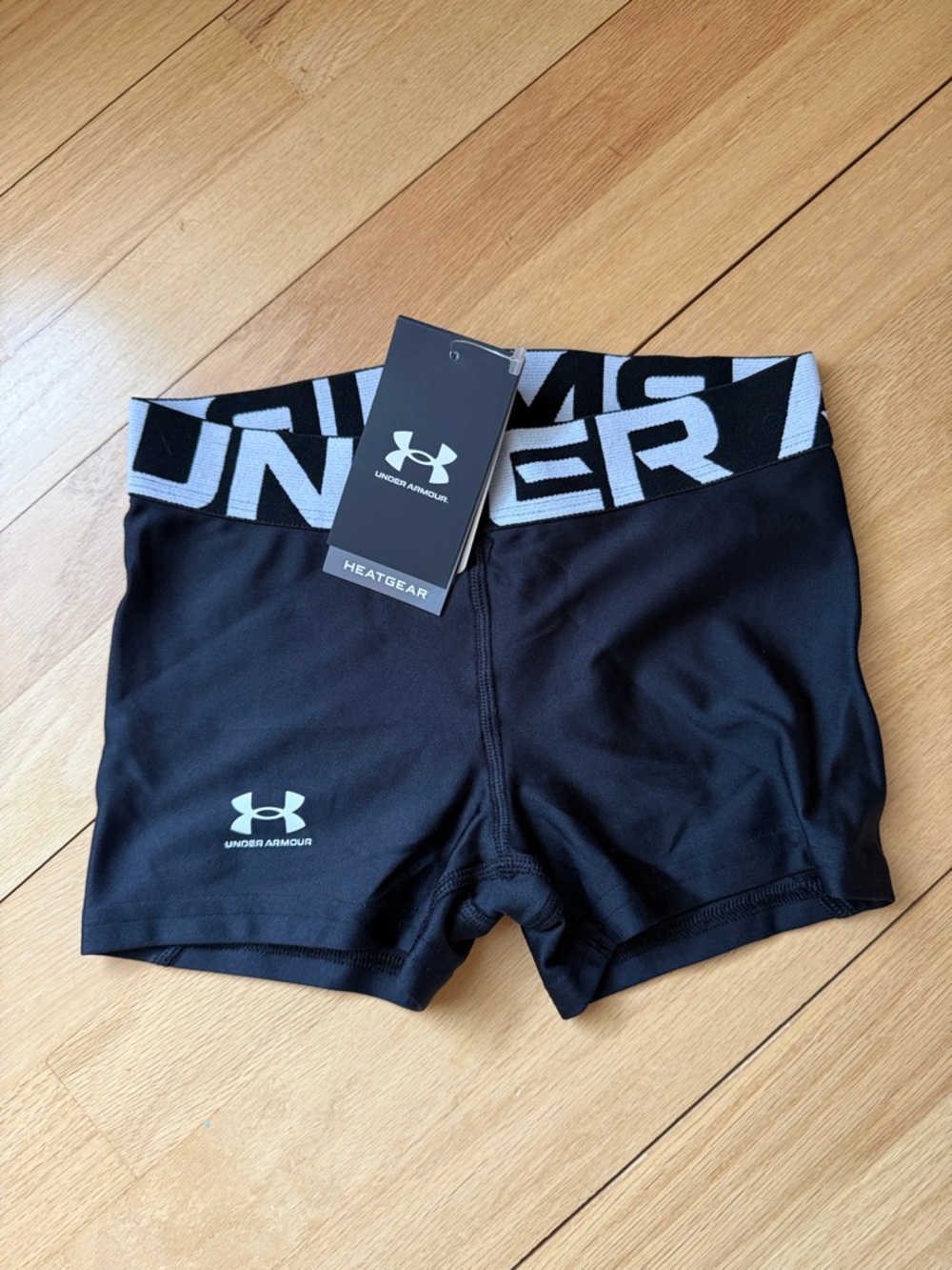 Girls Under Armour Black Compression Shorts with White Waistband Logo